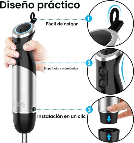 Vista 4 de KOIOS - Batidora de inmersión mejorada de mano, 1000W, 12 velocidades, 5 en 1, batidora de brazo con cuchilla de acero inoxidable 304, procesador