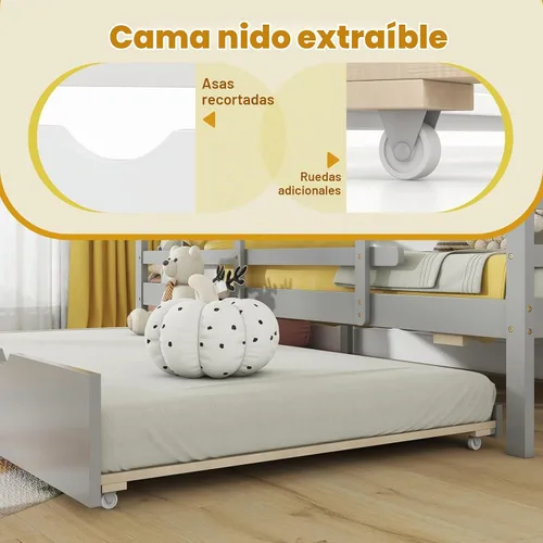Vista 8 de KOMFOTT Cama de casa de tamaño individual con nido, marco de cama de madera con rieles de seguridad y techo, marco de cama de plataforma de casa Gris