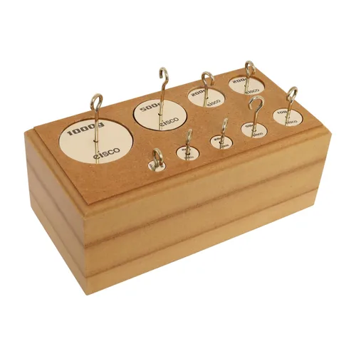 Vista 2 de Eisco Labs - Pesas de latón enganchadas, juego de 9 pesos, 0.35-35.27 oz en bloque de madera