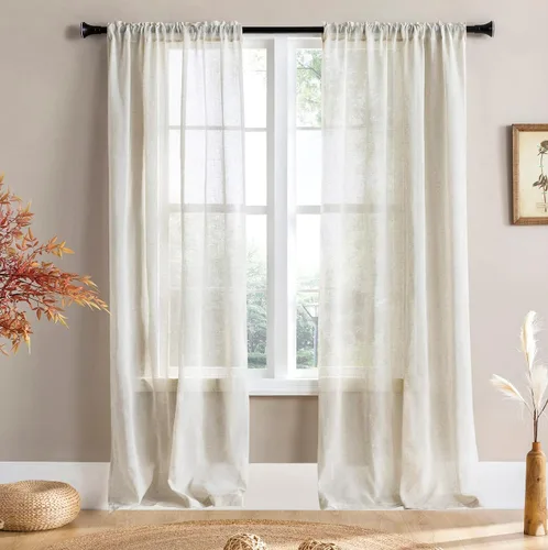 Vista 15 de Cortinas rústicas para ventana de cocina, cortinas de lino transparentes con bolsillo para barra para ventanas cortas, juego de 2 paneles, 42