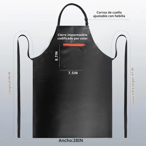 Vista 2 de Delantal impermeable, delantal de vinilo de goma extra largo resistente con bolsillo para hombres, delantales ajustables resistentes a productos