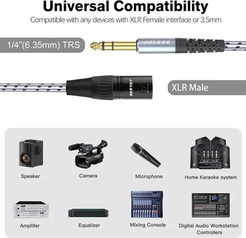 Vista 2 de JOLGOO Cable adaptador TRS a XLR macho de 1/4 de pulgada, enchufe TRS equilibrado de 0.250 in a macho XLR de 3 pines, cable de micrófono TRS macho