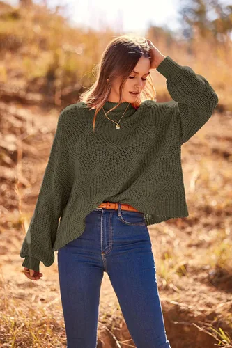 Vista 4 de PRETTYGARDEN Suéteres de otoño de gran tamaño para mujer, estilo casual, cuello redondo, manga larga, tejido trenzado grueso, blusa