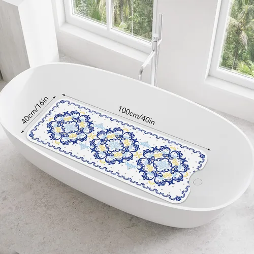 Vista 2 de SHUCHING - Alfombra de baño antideslizante azul para bañera de 40 x 16 pulgadas, estilo bohemio Tapete de bañera para ancianos sin moho, tapete