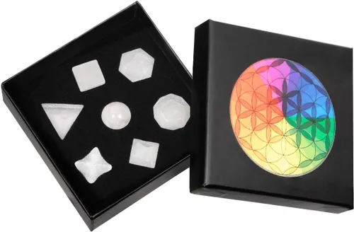 Vista 6 de mookaitedecor Juego de geometría sagrada de 7 chakras de cristal platónico, piedras pulidas pulidas con estrella Merkaba para curación y meditación