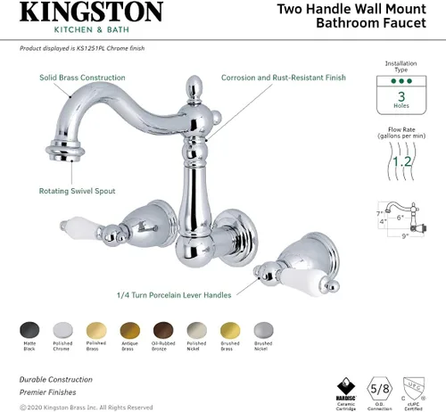 Vista 3 de Kingston Brass KS1253PL Grifo de baño de montaje en pared central de 8 pulgadas, latón antiguo