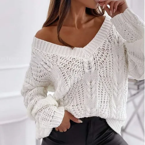 Vista 3 de Sexy V Neck Sweaters for Women Jacquard Knit Jumper Tops Casual Trendy Fall Pullover Loose Batwing Sleeve Blouse