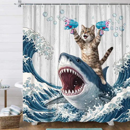 Vista 15 de Divertida cortina de ducha con diseño de gato con gorila en la selva, decoración de baño de animales humorísticos en blanco y negro, juego
