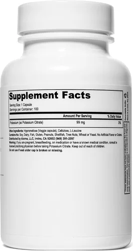Vista 4 de Citrato de potasio 99 mg Suplemento dietético – Suplemento mineral de potasio para el equilibrio de electrolitos y soporte normal del pH – 100