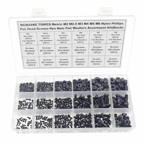 Vista 8 de Juego surtido de 540 tornillos métricos M2 M2.5 M3 M4 M5 de nylon Phillips de cabeza plana, tuercas hexagonales, arandelas planas (negro)