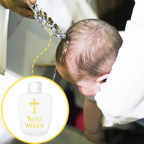Vista 5 de 100 botellas de agua bendita de plástico de 2 onzas, recipientes vacíos con cruz dorada para católicos, cristianos, Halloween, primera comunión