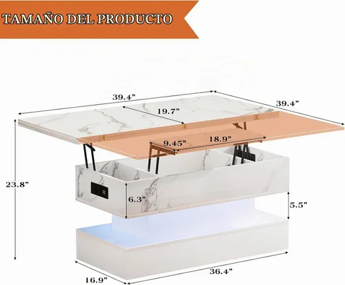 Vista 2 de SYESWAY - Mesa de centro con tapa elevable de 39.4 pulgadas con estación de carga, mesa central con diseño de mármol brillante con compartimento