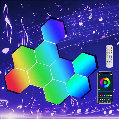 Vista 9 de ODISTAR Lámpara de pared hexagonal con control remoto, inteligente, sensible al tacto, geométrica, modular, RGB montada, luz colorida con Paquete