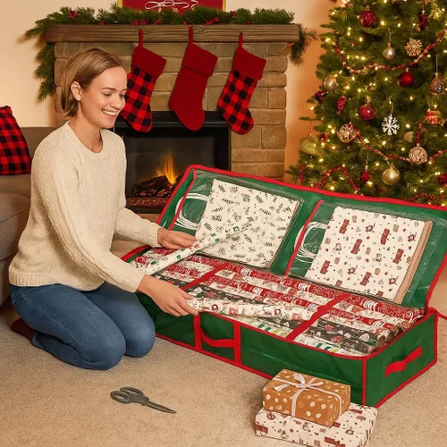 Vista 2 de Sattiyrch Organizador de papel de regalo debajo de la cama, contenedor de almacenamiento de papel de regalo, capacidad para hasta 20 rollos, 41