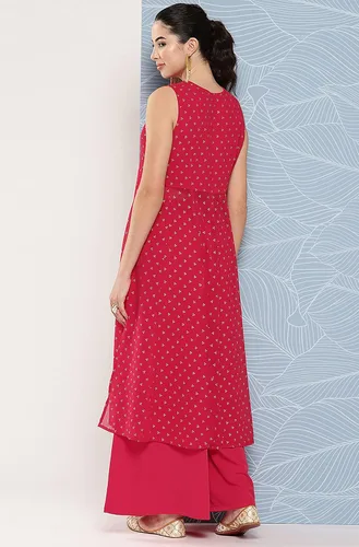 Vista 7 de Janasya Kurta con estampado de Georgette rosa indio con palazzo acampanado para mujer
