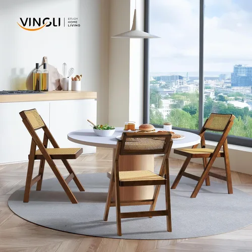 Vista 2 de VINGLI Silla de comedor de ratán, silla plegable de madera con respaldo giratorio de 360°, marco de madera de caucho y asiento y respaldo tejidos