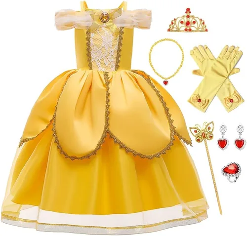 Vista 60 de FMYFWY Disfraz de princesa de Bella para niñas, disfraz de belleza y bestia, Halloween, Navidad, boda, cumpleaños (accesorios)