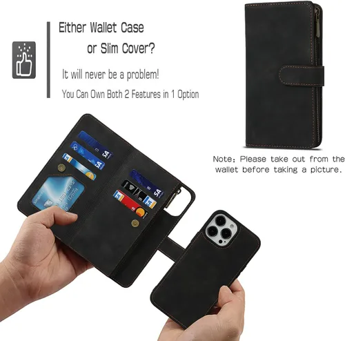 Vista 2 de iCoverCase Compatible con iPhone 13 Pro Max - Funda tipo cartera para teléfono con tarjetero, piel sintética, bolsillo con cremallera, magnética