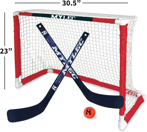 Vista 2 de Mylec Mini juego de hockey – 1 portería de hockey de PVC (30.5 x 23 pulgadas), 2 mini palos de plástico (izquierda y derecha), 1 bola de espuma