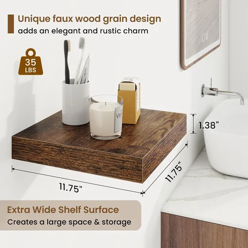 Vista 3 de Marsmiles 12in Depth Floating Shelves, 12x12x1.4, Rustic Brown, Set of 3 Marrón rústico