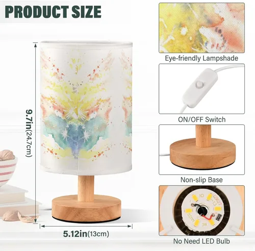 Vista 3 de Lámpara de mesa pintada Mariposa Diente de León con base de madera y pantalla de tela para mesita de noche, lámpara de escritorio para recámara