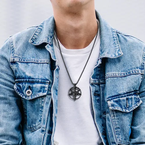 Vista 3 de Collar de Satán con dije de cabeza de cabra baphomet, collar de iglesia de Satanás, sello de baphomet, cabra satánica de Mendes, cabeza de cabra
