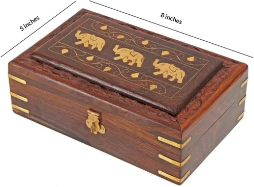 Vista 8 de Ajuny Joyero de madera de 8 x 5 Diseño de elefante hecho a mano con incrustaciones de latón, organizador de recuerdos y baratijas decorativo