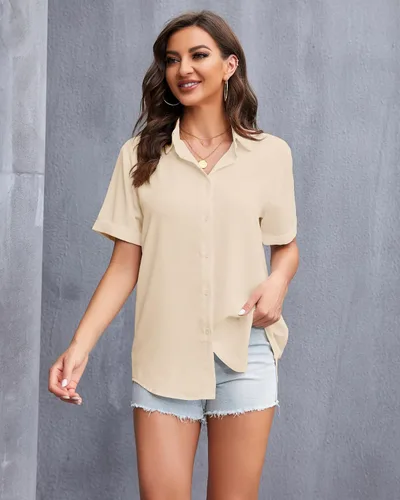 Vista 3 de YAMANMAN Women's Button Down Shirt Work Short Sleeve Collared Blouse Classic Loose Tops Office Chiffon Blouse