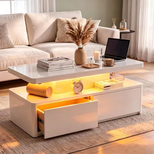 Vista 11 de Mesas modernas de sala de estar, mesa de centro LED con luces LED, mesa central rectangular de 2 niveles con gran almacenamiento, superficie de alto