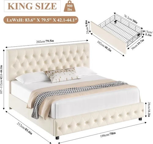 Vista 2 de Marco de cama tapizado moderno con 4 cajones de almacenamiento, diseño de cabecera con botones, soporte de listones de madera maciza, fácil montaje