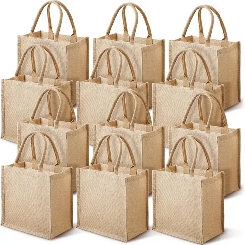 Vista 11 de Saintrygo - 12 bolsas de arpillera con asa reutilizables, yute y negro Lienzo en blanco perfecto para bricolaje, asas resistentes, tela