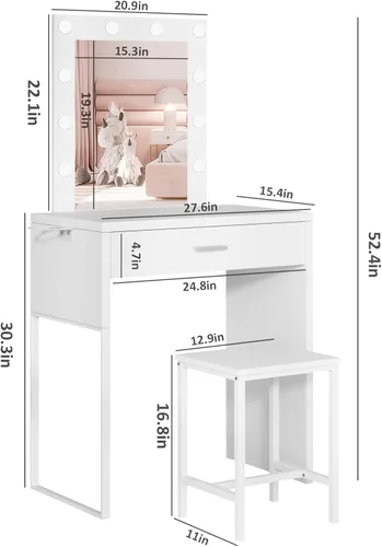 Vista 6 de Titoni Pequeño tocador de maquillaje con espejo y luces, escritorio blanco con silla, brillo ajustable, juego de mesa de maquillaje para dormitorio