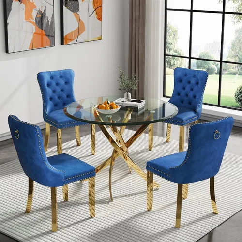 Vista 60 de Juego de mesa de comedor SSLine moderno de 3 piezas con mesa redonda de vidrio para 2, lujosa mesa de comedor circular de 36" con tapa de vidrio