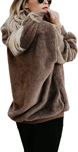 Vista 3 de ReachMe - Sudadera de gran tamaño con capucha sherpa para mujer, de vellón, sin botones, con bolsillos, cuadros escoceses, abrigo mullido