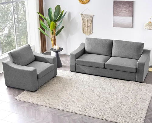Vista 17 de ELUCHANG Sofá moderno de 85 pulgadas para sala de estar, sofá de lino natural de 3 plazas con asientos extra profundos, cojín tapizado y funda