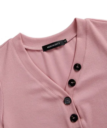 Vista 5 de MEROKEETY Camisetas básicas de manga corta con cuello en V y botones acanalados para mujer