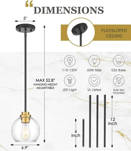 Vista 2 de Luces Colgantes para Isla de Cocina, 7" Luminarias Colgantes Negras y Doradas con Pantalla de Globo de Vidrio Transparente, Iluminación Moderna