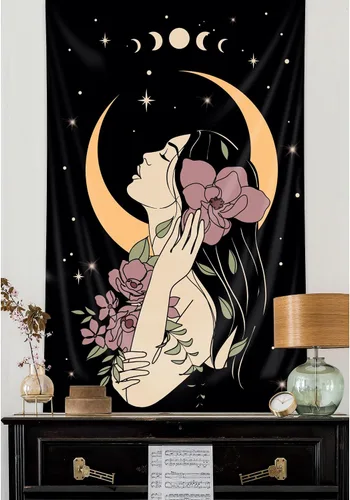 Vista 3 de Riyidecor Tapiz vertical de mujer misteriosa de fase lunar, bohemio, pequeño, gótico, para colgar en la pared, plantas florales, hojas estrelladas