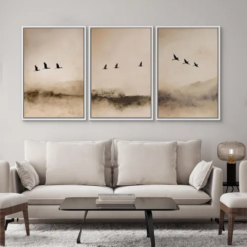 Vista 174 de SIGNWIN Lienzo enmarcado para pared, juego de arte pastel con cadena montañosa, bosque, niebla, naturaleza silvestre, ilustraciones modernas, arte
