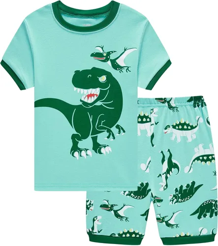 Vista 13 de Popshion Pijamas cortas de 2 piezas para niños pequeños, ropa de dormir de tiburón de tren, 100% algodón, pijamas de dinosaurio para niños pequeños