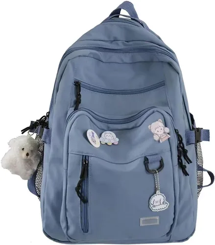 Vista 7 de Mochila estética, linda mochila Kawaii con alfileres y colgante para laptop, mochila casual para mujer, Beige, Mochilas Daypack