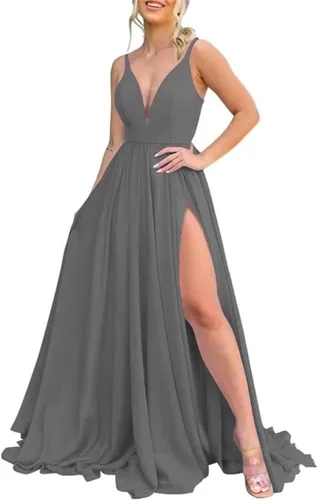 Vista 15 de Vestidos largos de dama de honor para mujer, con abertura, cuello en V, vestido de fiesta formal para boda