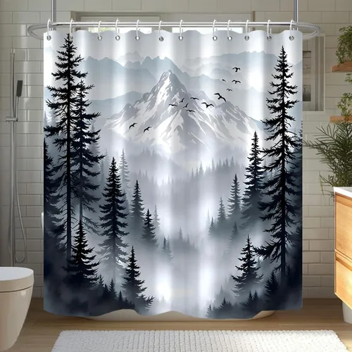 Vista 9 de Cortina de Ducha Azul Bosque de Pino Montaña Aves Paisaje Nebuloso Cortina de Ducha Impermeable de Tela para Decoración de Baño 60x72 Pulgadas