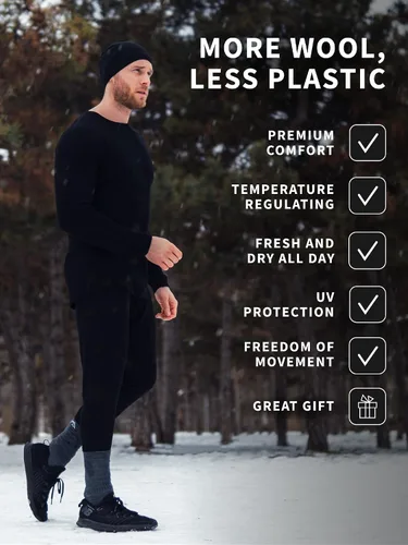 Vista 5 de Pantalones de capa base de lana merina para hombre, 100% lana merina, ligeros, ropa interior térmica de peso medio, pantalones largos + calcetines