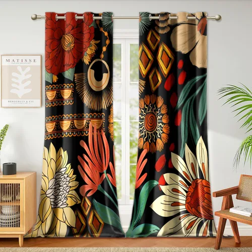 Vista 23 de Tyrot - Cortinas bohemias florales 100% opacas para dormitorio de 63 pulgadas de largo, 2 paneles. Cortinas botánicas de mediados de siglo
