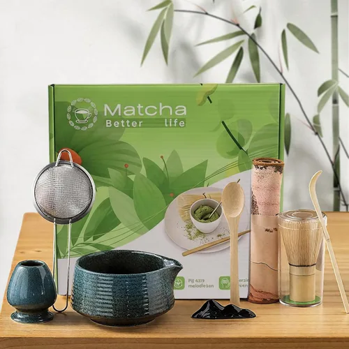Vista 10 de Juego de 8 batidores de matcha, cuenco de bambú Chasen Matcha con boquilla, tamiz, cuchara, soporte para batidor, alfombrilla de bambú, kit completo