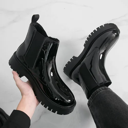 Vista 8 de Botas Chelsea con plataforma gruesa de charol para hombre, puntera redonda, suela de lengüeta, para negocios, para uso diario, al aire libre