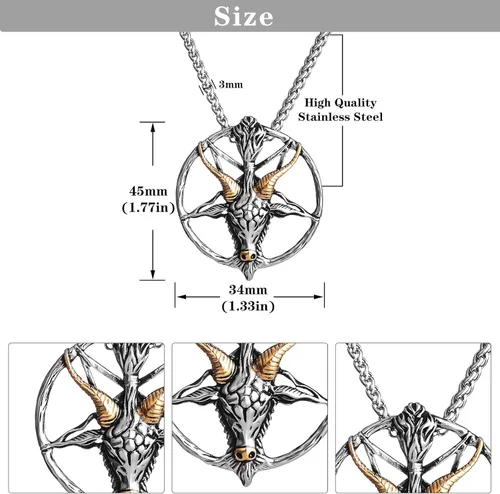 Vista 4 de Collar del templo satánico con cabeza de cabra, pentagrama invertido, pentáculo de acero inoxidable, collar de baphomet con dije, cadena de regalos