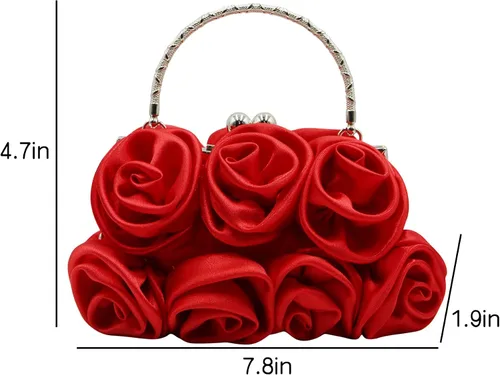 Vista 5 de RARITYUS Bolso de noche para mujer con forma de rosa de satén sedoso con elegante asa de metal para fiesta, boda