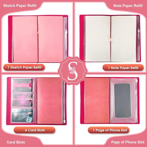Vista 4 de Diario personalizado para regalo, diario de cuero con inicial rosa + juego de bolígrafo de corazón de diamante, cuaderno de viaje, bloc de notas